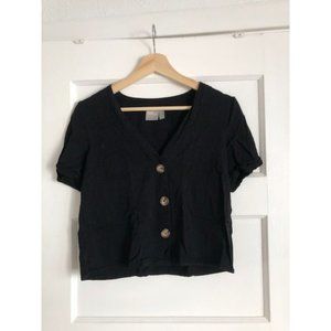 V Neck Button Down Cropped Black Work Shirt